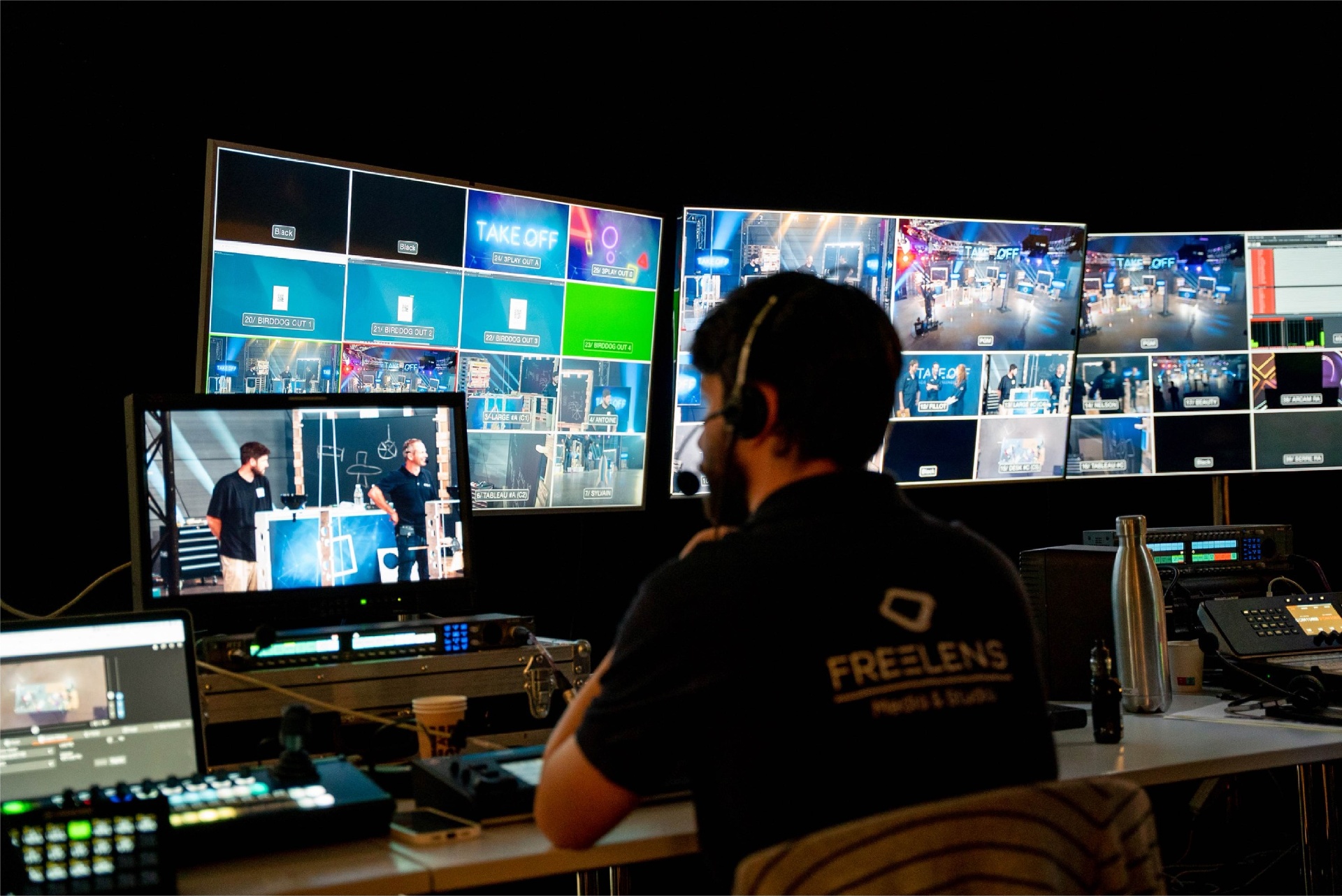 Live broadcast control room with multi-camera feeds